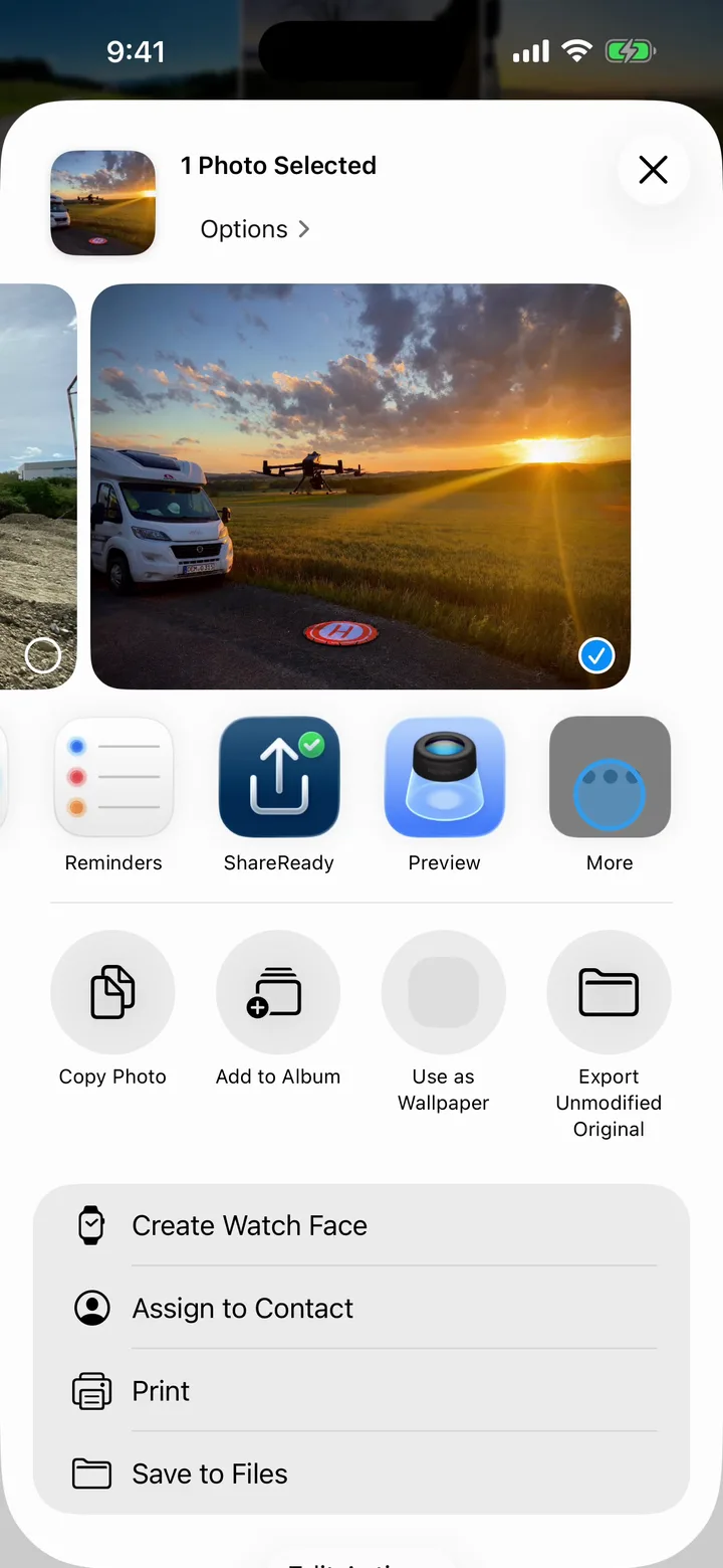 The app row swiped to its end, where ShareReady appears between Reminders and Preview, next to the More button.