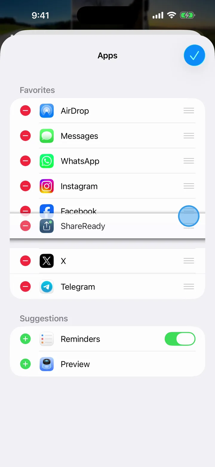 ShareReady being dragged upward through the Favorites list by its drag handle, floating between Facebook and X.