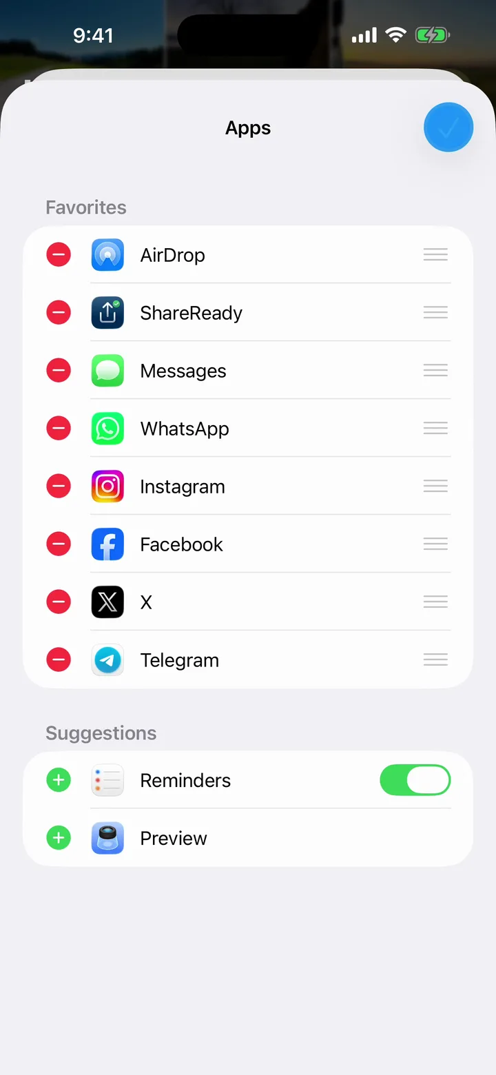 The Favorites list in edit mode with ShareReady in second place after AirDrop, and the check mark button highlighted in the top corner.