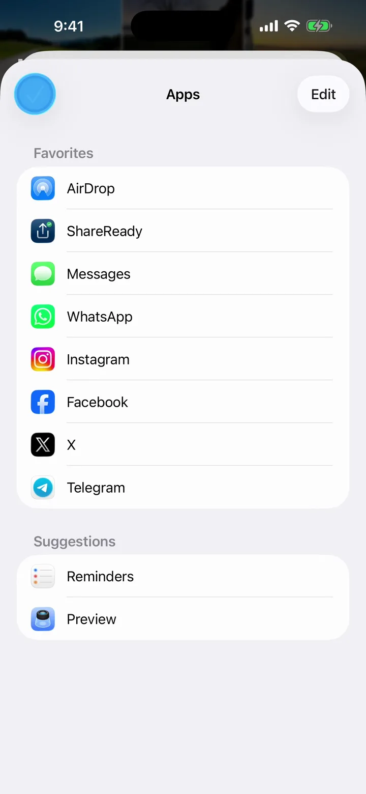 The finished Apps screen with ShareReady second in Favorites and the check mark on the left highlighted, leading back to the share sheet.