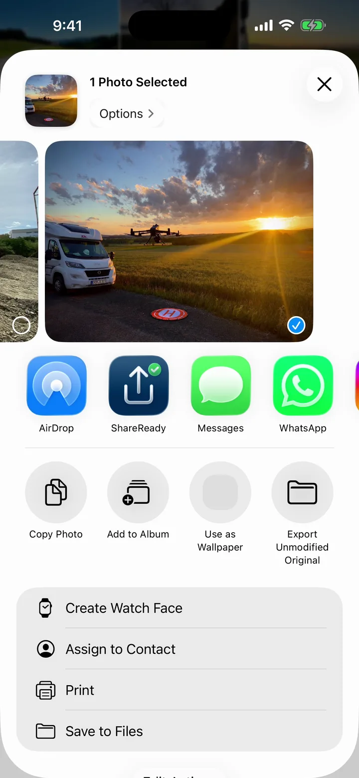 The share sheet with ShareReady pinned in second place in the app row, right after AirDrop.
